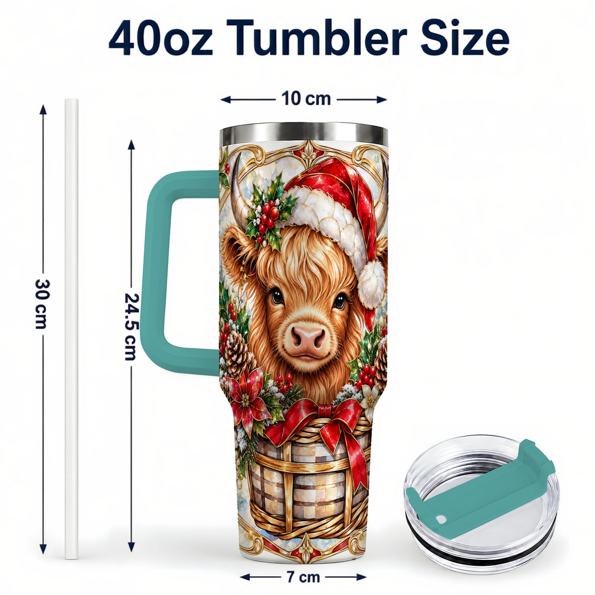 #pl[40oz|Green] Highland Cow 40oz Tumbler with Handle, Ornate Christmas Travel Cup