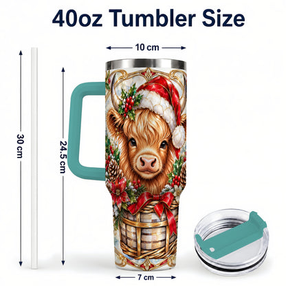 #pl[40oz|Green] Highland Cow 40oz Tumbler with Handle, Ornate Christmas Travel Cup