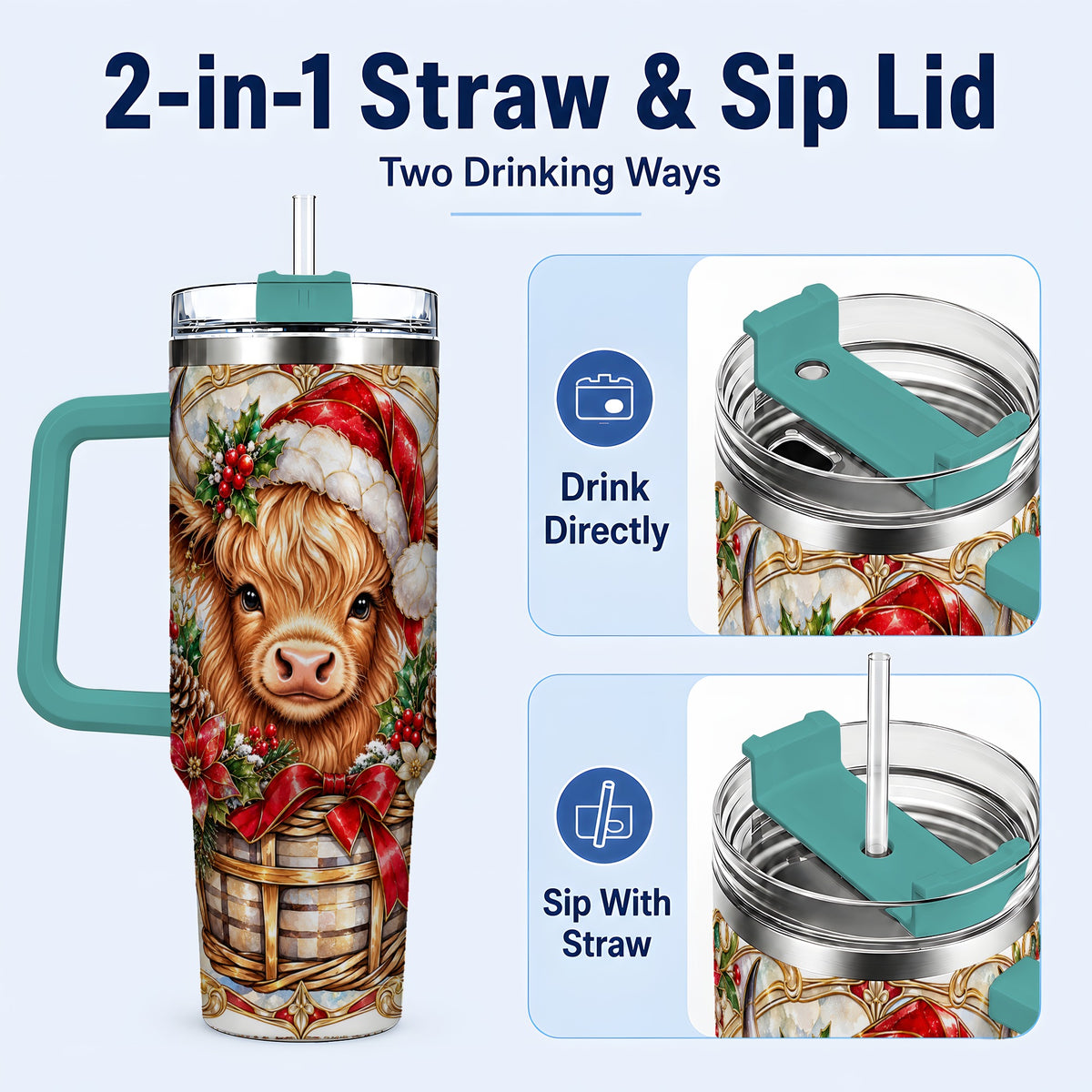 #pl[40oz|Green] Highland Cow 40oz Tumbler with Handle, Ornate Christmas Travel Cup