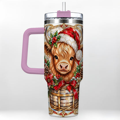 #pl[40oz|Pink] Highland Cow 40oz Tumbler with Handle, Ornate Christmas Travel Cup