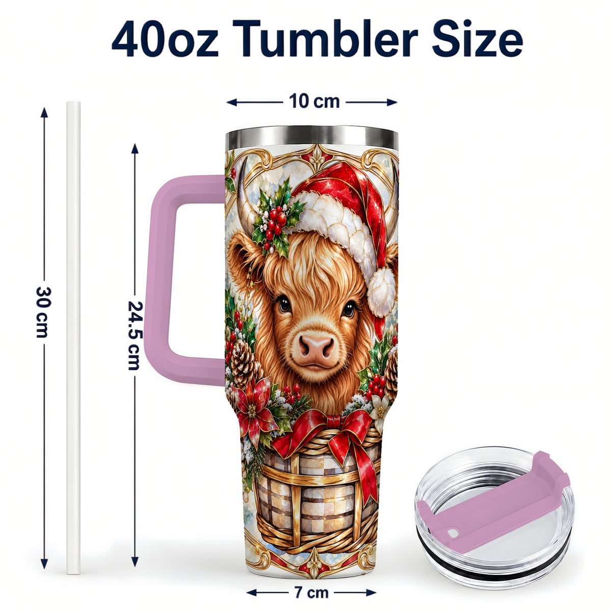 #pl[40oz|Pink] Highland Cow 40oz Tumbler with Handle, Ornate Christmas Travel Cup