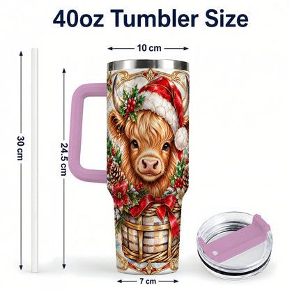 #pl[40oz|Pink] Highland Cow 40oz Tumbler with Handle, Ornate Christmas Travel Cup