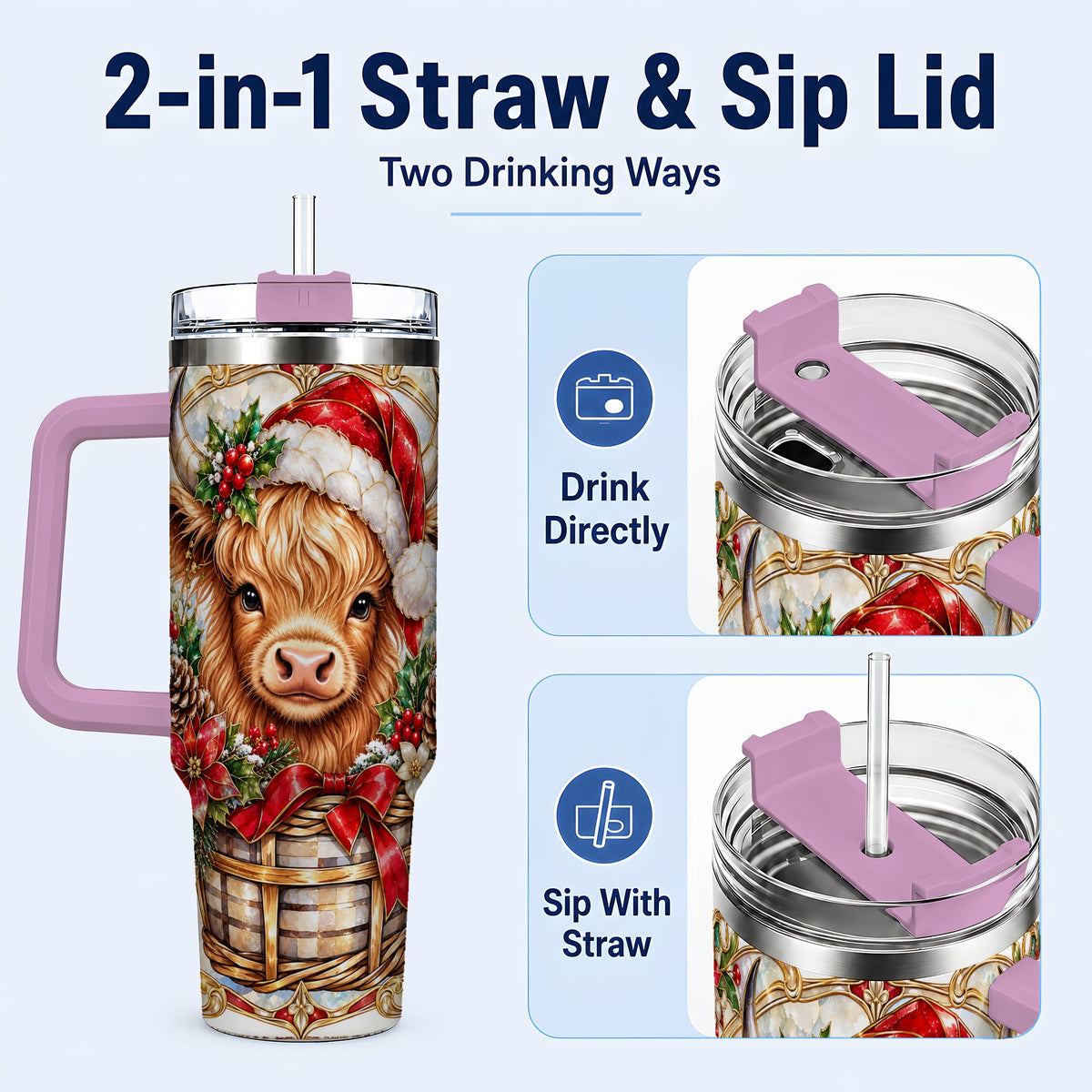 #pl[40oz|Pink] Highland Cow 40oz Tumbler with Handle, Ornate Christmas Travel Cup