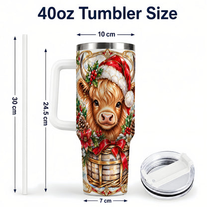 #pl[40oz|White] Highland Cow 40oz Tumbler with Handle, Ornate Christmas Travel Cup