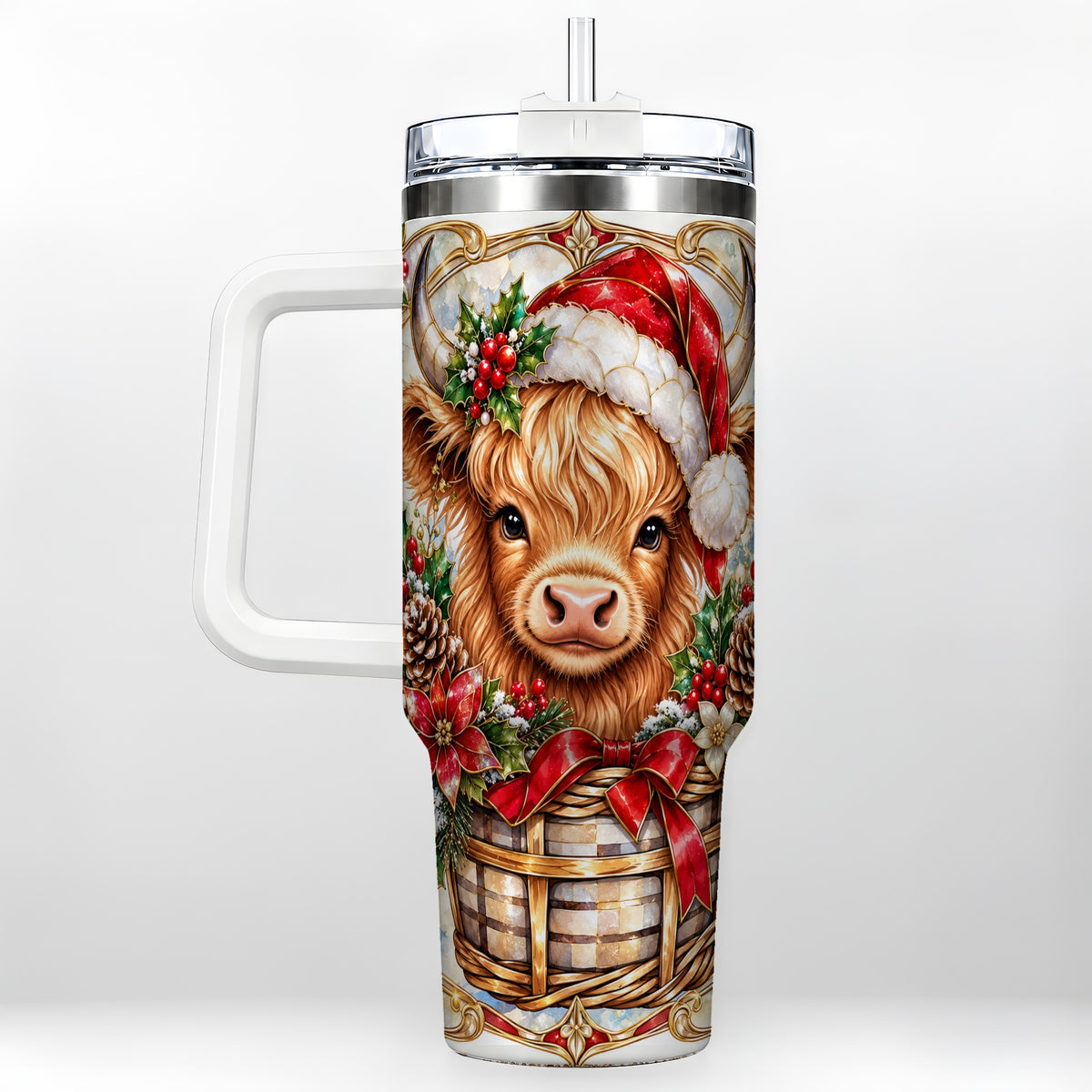#pl[40oz|White] Highland Cow 40oz Tumbler with Handle, Ornate Christmas Travel Cup