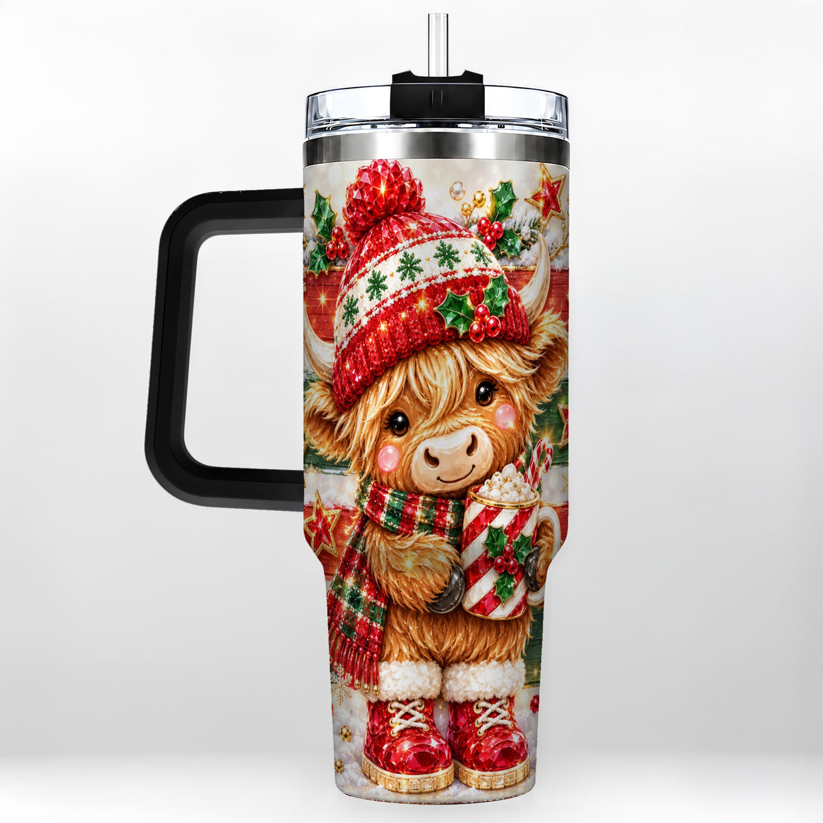 #pl[40oz|Black] Christmas Highland Cow 40oz Tumbler with Handle, Holiday Travel Cup