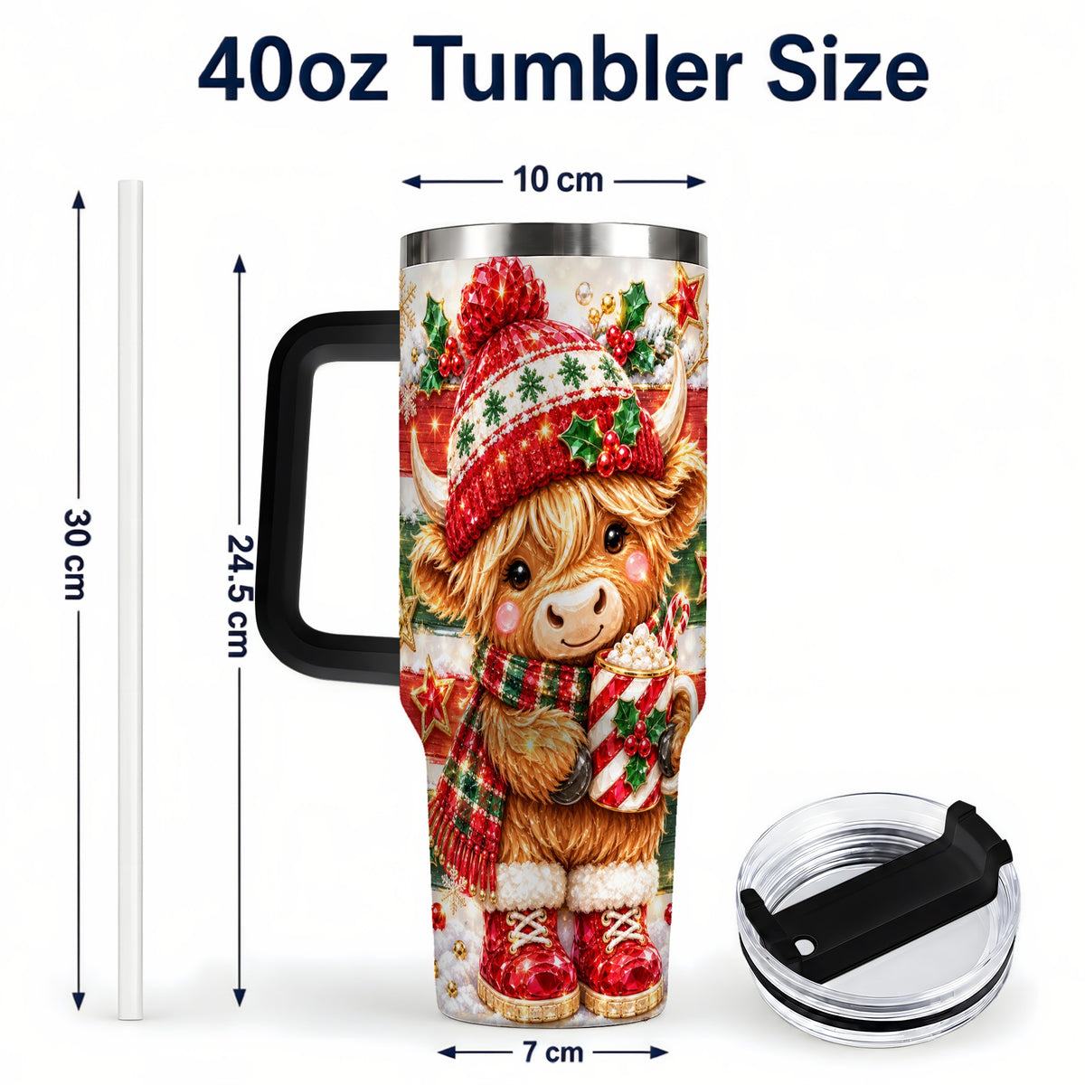 #pl[40oz|Black] Christmas Highland Cow 40oz Tumbler with Handle, Holiday Travel Cup