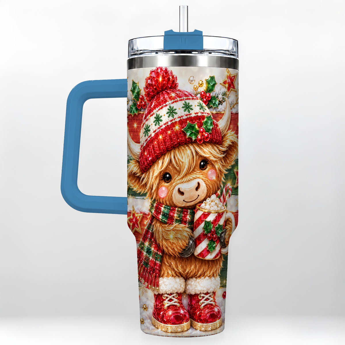 #pl[40oz|Blue] Christmas Highland Cow 40oz Tumbler with Handle, Holiday Travel Cup