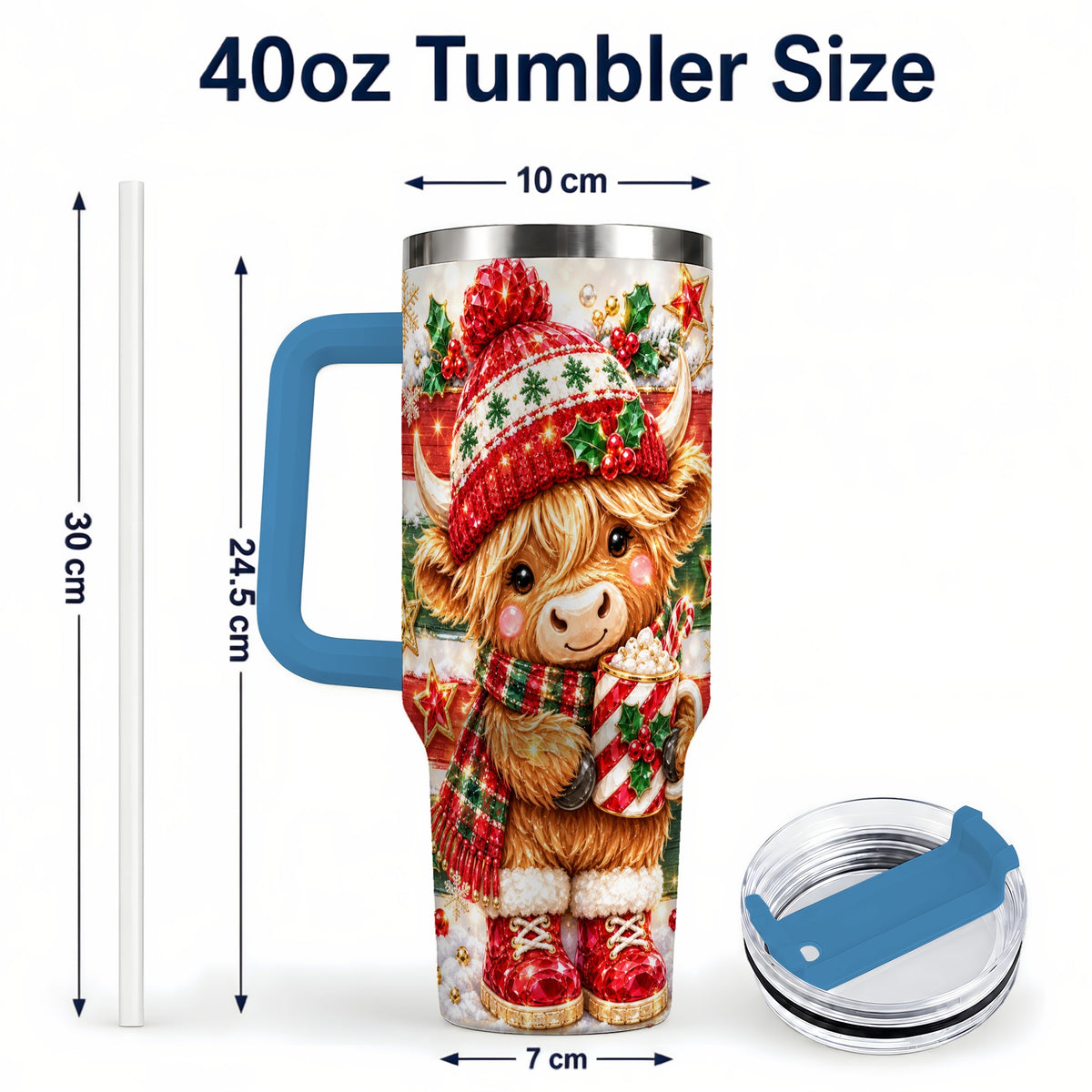 #pl[40oz|Blue] Christmas Highland Cow 40oz Tumbler with Handle, Holiday Travel Cup