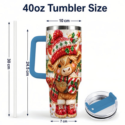 #pl[40oz|Blue] Christmas Highland Cow 40oz Tumbler with Handle, Holiday Travel Cup