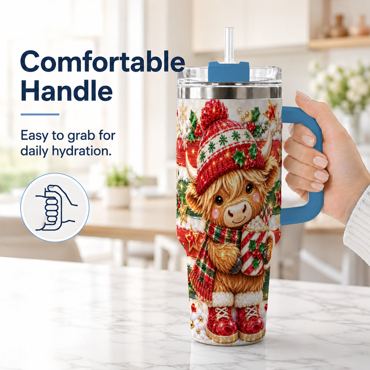 #pl[40oz|Blue] Christmas Highland Cow 40oz Tumbler with Handle, Holiday Travel Cup