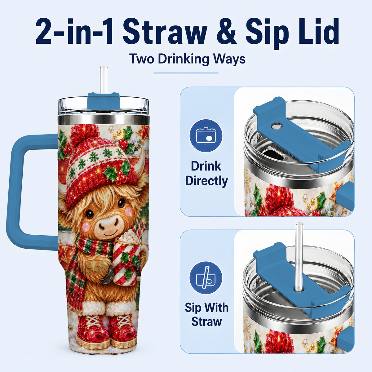 #pl[40oz|Blue] Christmas Highland Cow 40oz Tumbler with Handle, Holiday Travel Cup