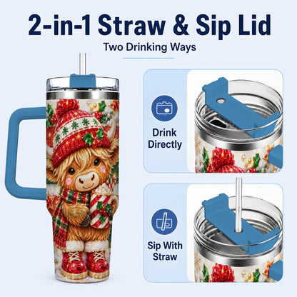 #pl[40oz|Blue] Christmas Highland Cow 40oz Tumbler with Handle, Holiday Travel Cup