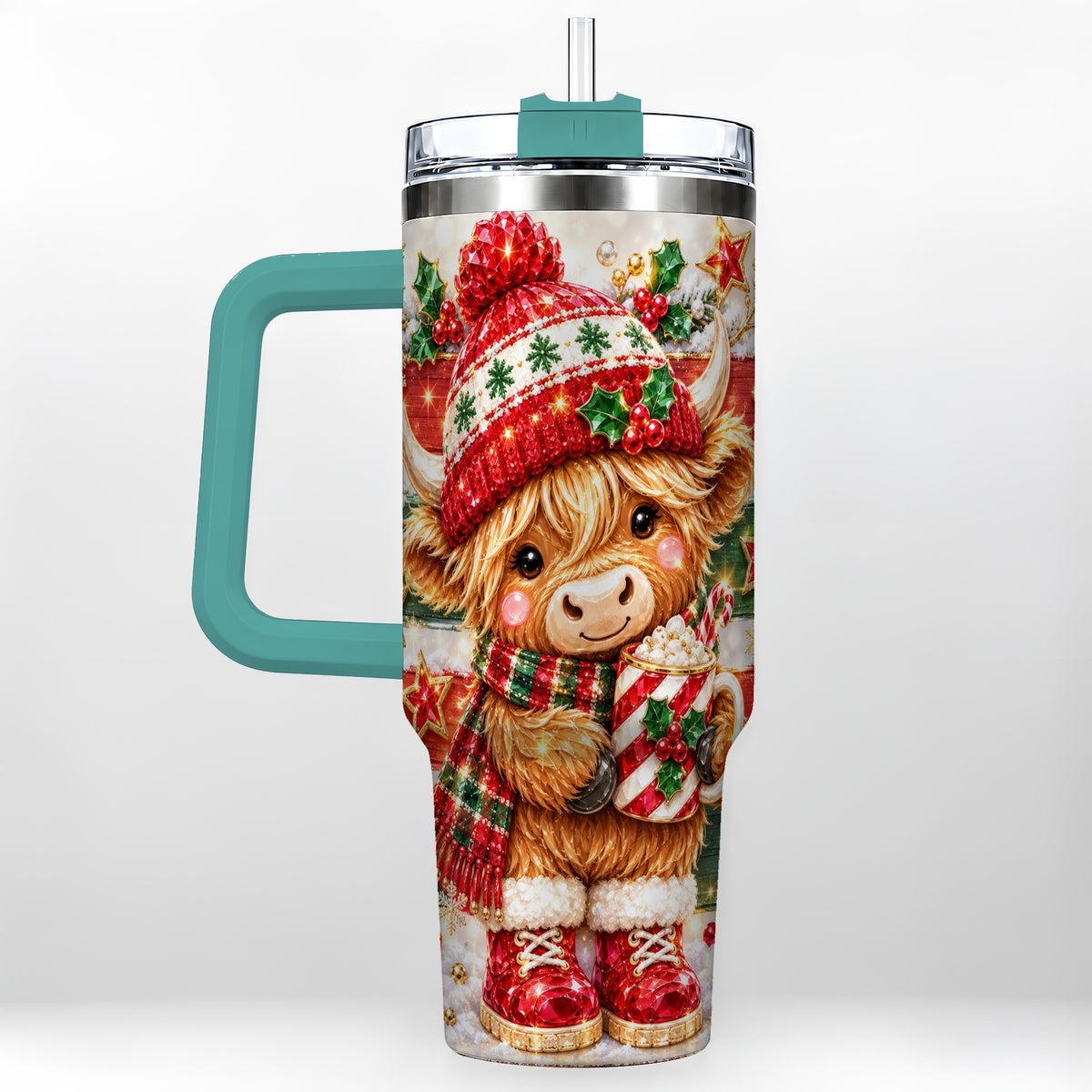#pl[40oz|Green] Christmas Highland Cow 40oz Tumbler with Handle, Holiday Travel Cup