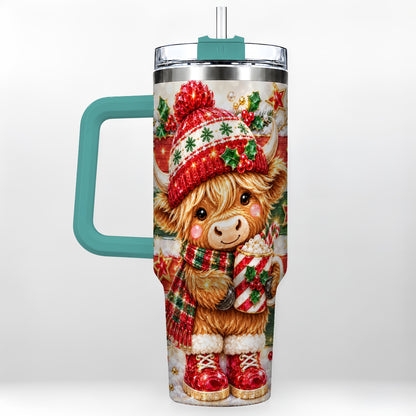 #pl[40oz|Green] Christmas Highland Cow 40oz Tumbler with Handle, Holiday Travel Cup