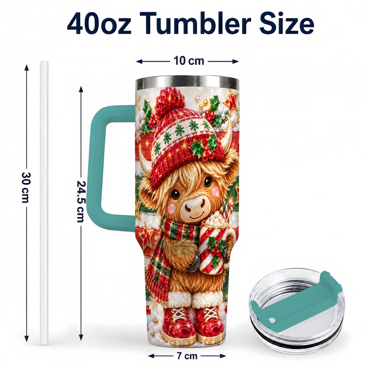 #pl[40oz|Green] Christmas Highland Cow 40oz Tumbler with Handle, Holiday Travel Cup
