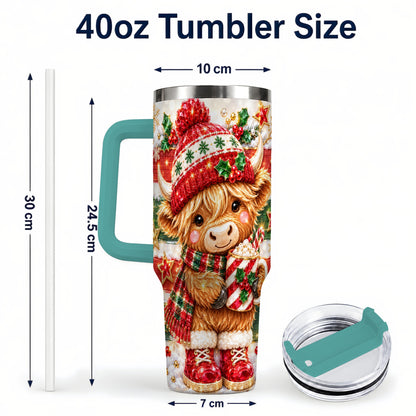 #pl[40oz|Green] Christmas Highland Cow 40oz Tumbler with Handle, Holiday Travel Cup