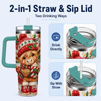 #pl[40oz|Green] Christmas Highland Cow 40oz Tumbler with Handle, Holiday Travel Cup