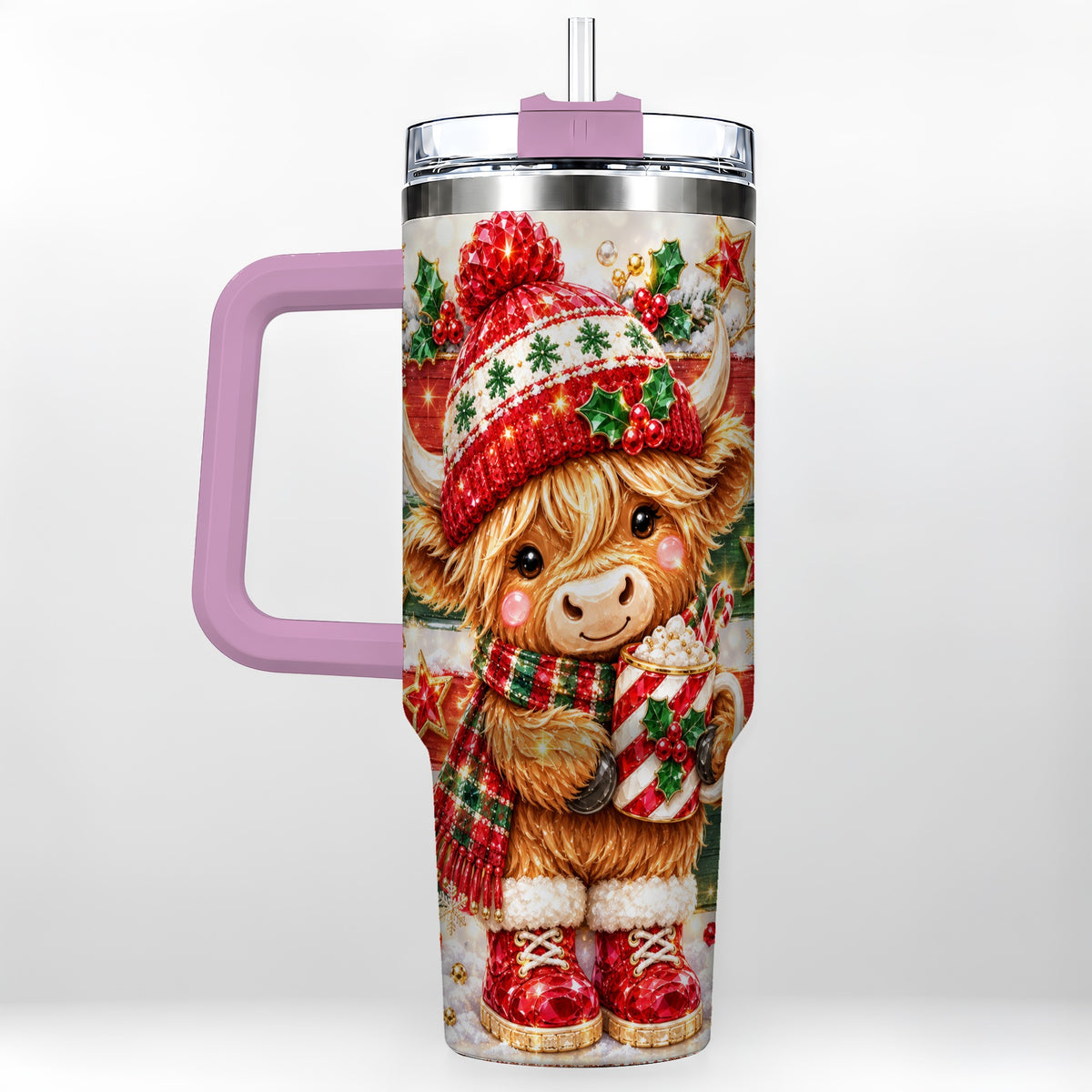 #pl[40oz|Pink] Christmas Highland Cow 40oz Tumbler with Handle, Holiday Travel Cup