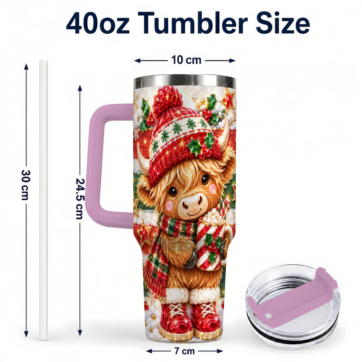 #pl[40oz|Pink] Christmas Highland Cow 40oz Tumbler with Handle, Holiday Travel Cup