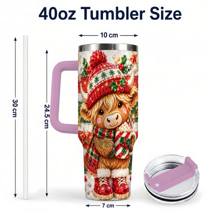 #pl[40oz|Pink] Christmas Highland Cow 40oz Tumbler with Handle, Holiday Travel Cup