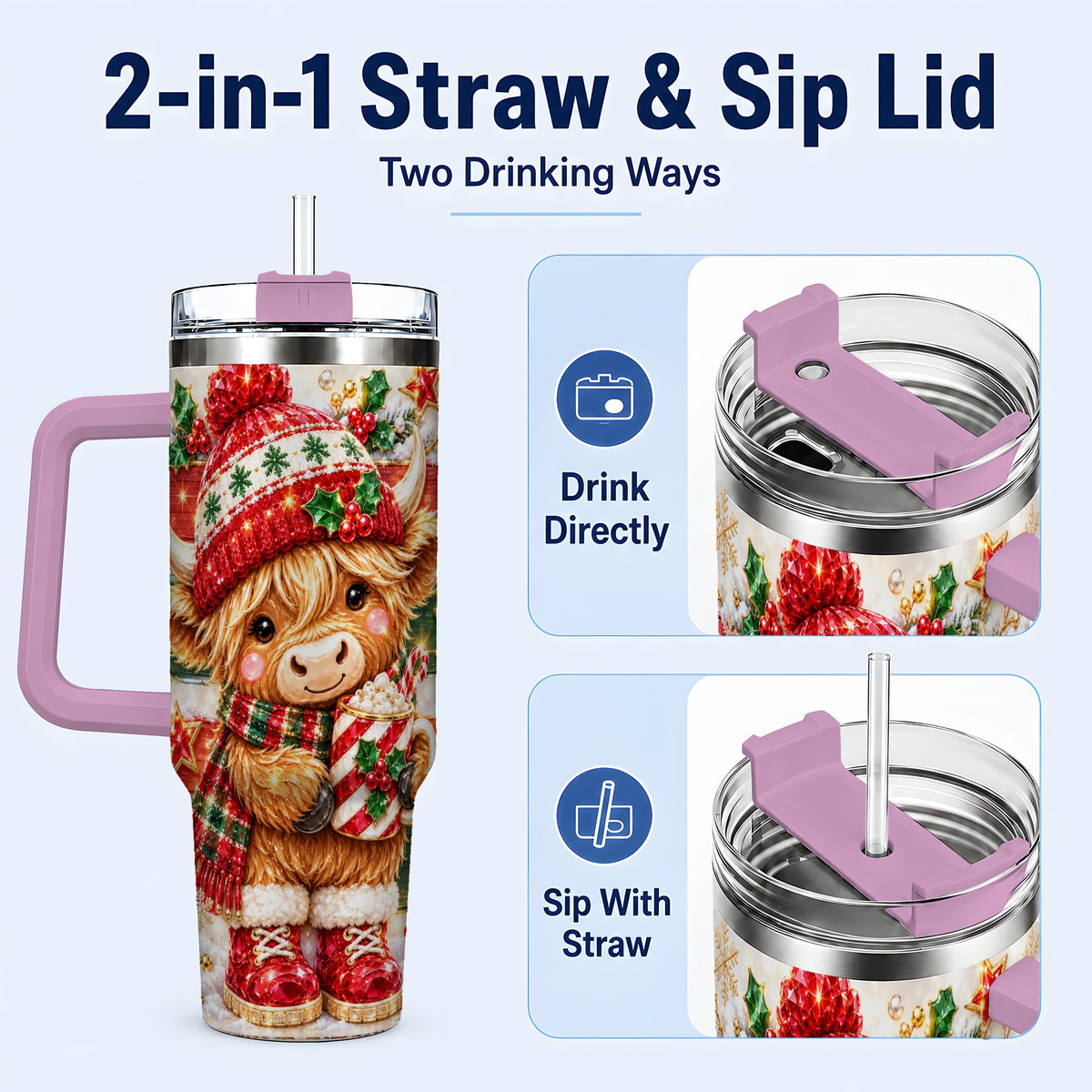 #pl[40oz|Pink] Christmas Highland Cow 40oz Tumbler with Handle, Holiday Travel Cup