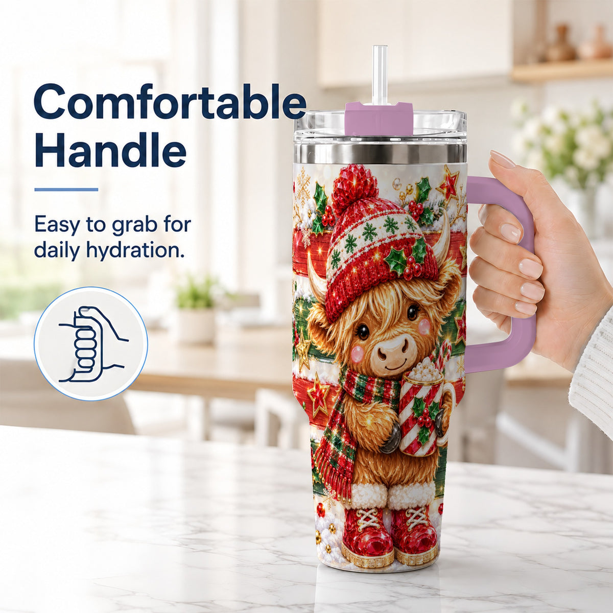 #pl[40oz|Pink] Christmas Highland Cow 40oz Tumbler with Handle, Holiday Travel Cup