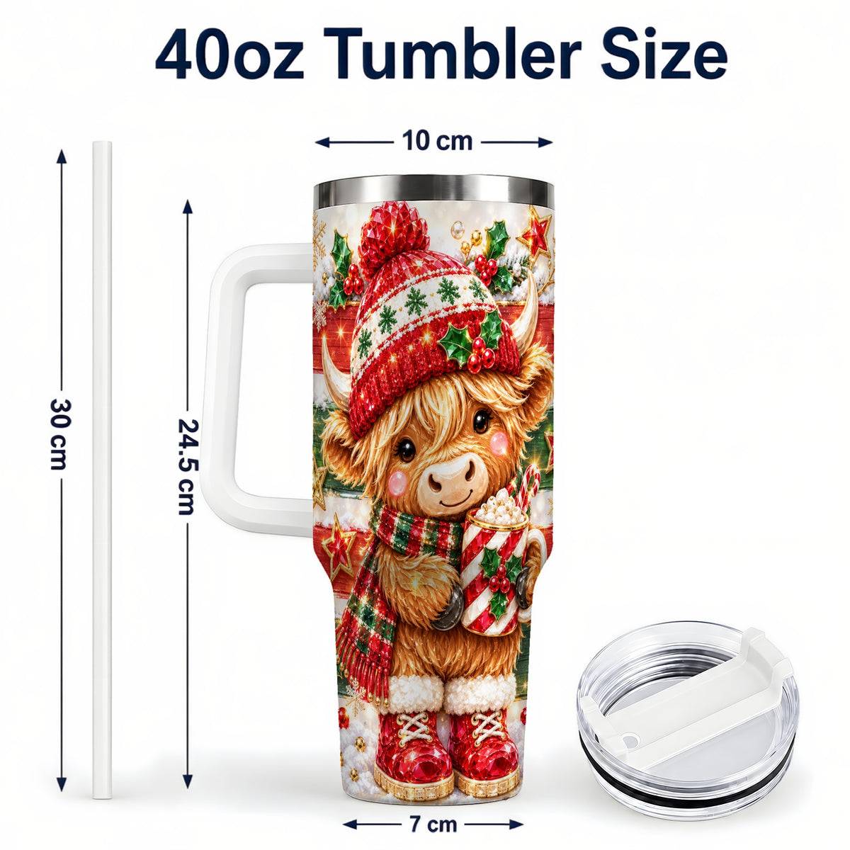 #pl[40oz|White] Christmas Highland Cow 40oz Tumbler with Handle, Holiday Travel Cup