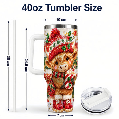 #pl[40oz|White] Christmas Highland Cow 40oz Tumbler with Handle, Holiday Travel Cup