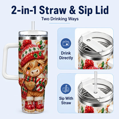 #pl[40oz|White] Christmas Highland Cow 40oz Tumbler with Handle, Holiday Travel Cup