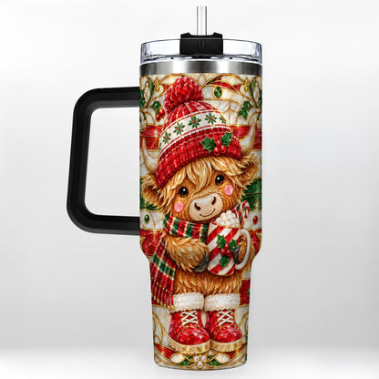 #pl[40oz|Black] Stained Glass Highland Cow 40oz Tumbler with Handle, Holiday Travel Cup