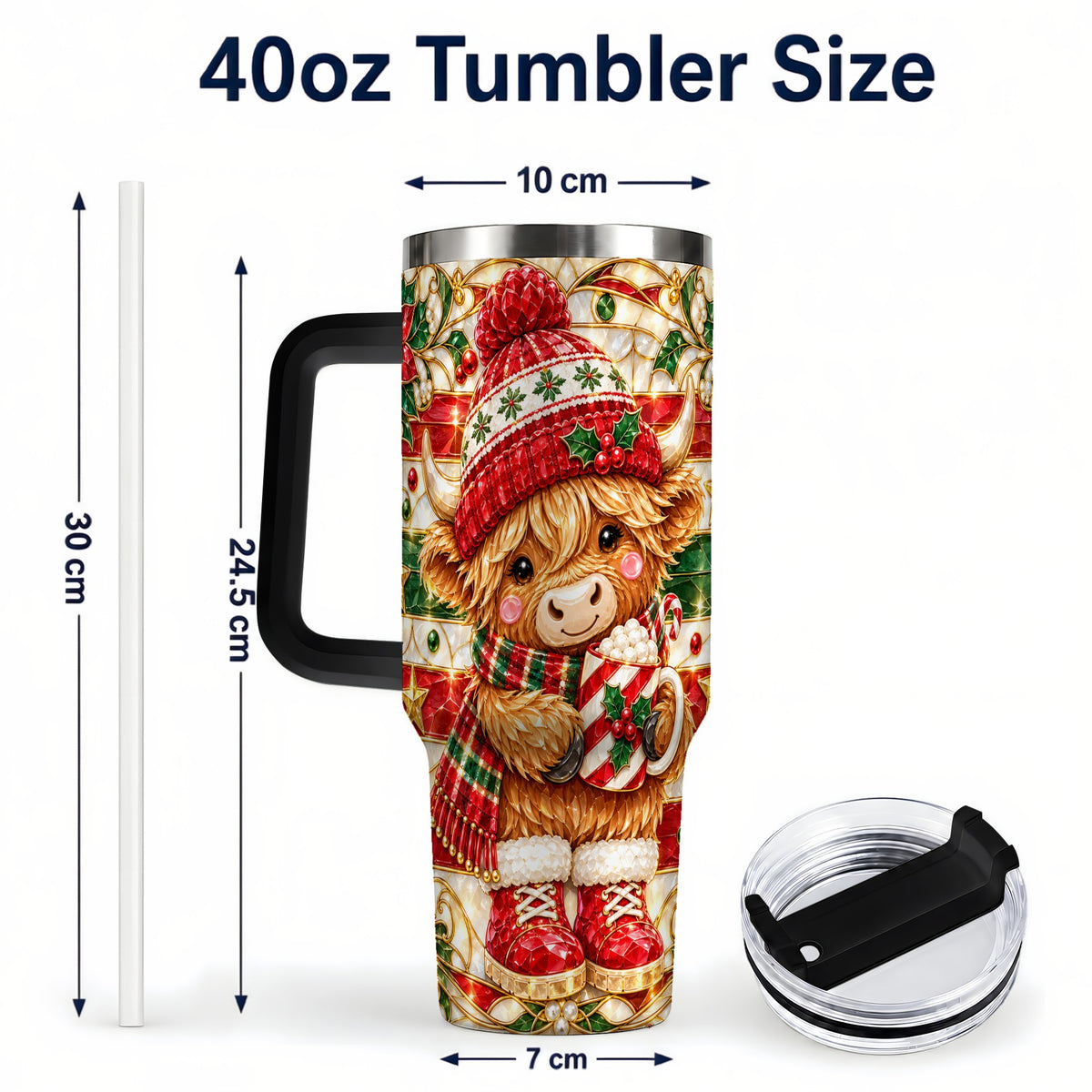#pl[40oz|Black] Stained Glass Highland Cow 40oz Tumbler with Handle, Holiday Travel Cup