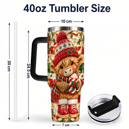 #pl[40oz|Black] Stained Glass Highland Cow 40oz Tumbler with Handle, Holiday Travel Cup