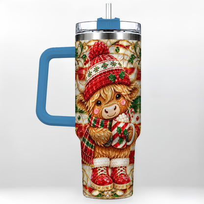 #pl[40oz|Blue] Stained Glass Highland Cow 40oz Tumbler with Handle, Holiday Travel Cup