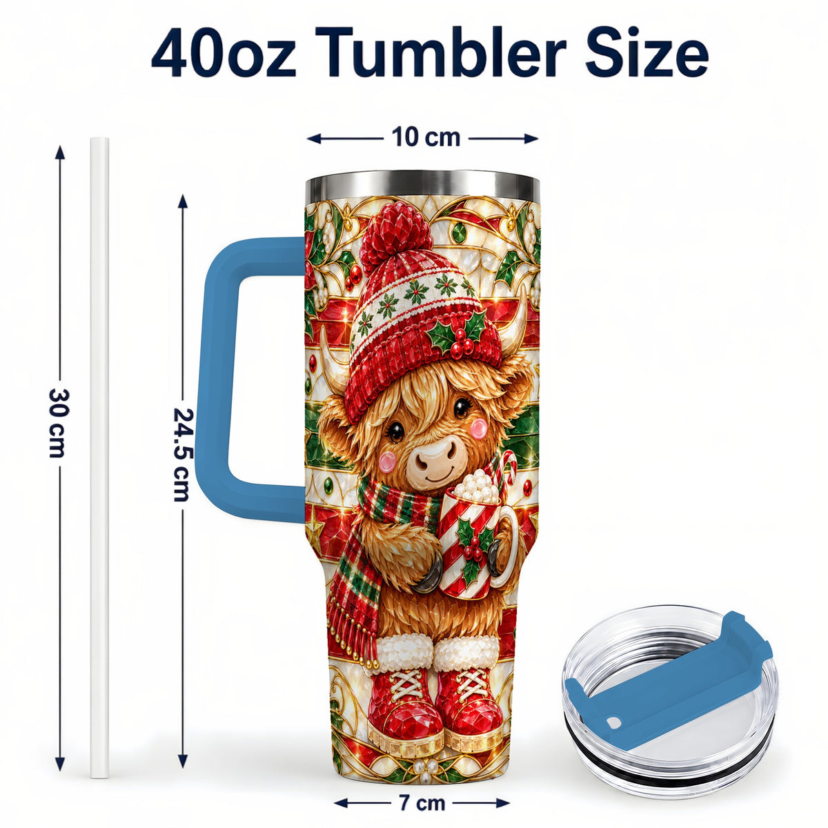 #pl[40oz|Blue] Stained Glass Highland Cow 40oz Tumbler with Handle, Holiday Travel Cup