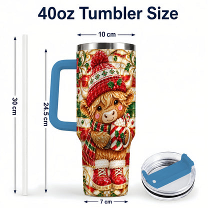 #pl[40oz|Blue] Stained Glass Highland Cow 40oz Tumbler with Handle, Holiday Travel Cup