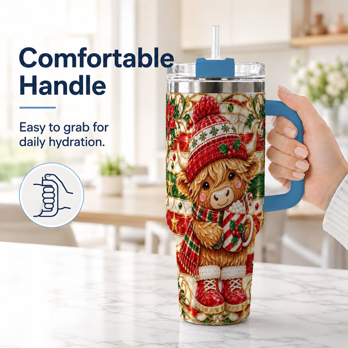 #pl[40oz|Blue] Stained Glass Highland Cow 40oz Tumbler with Handle, Holiday Travel Cup