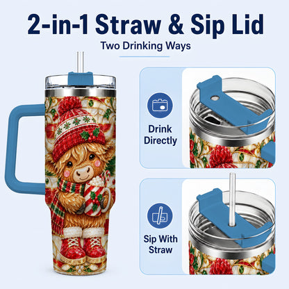 #pl[40oz|Blue] Stained Glass Highland Cow 40oz Tumbler with Handle, Holiday Travel Cup
