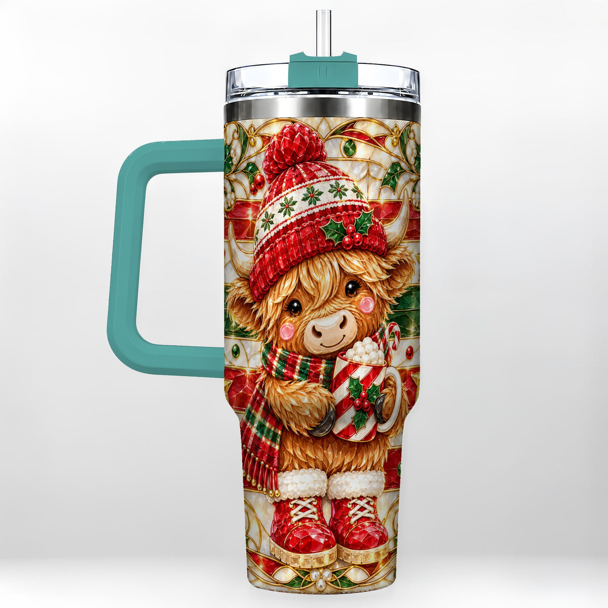 #pl[40oz|Green] Stained Glass Highland Cow 40oz Tumbler with Handle, Holiday Travel Cup
