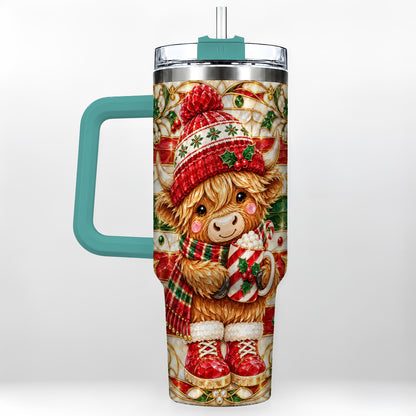 #pl[40oz|Green] Stained Glass Highland Cow 40oz Tumbler with Handle, Holiday Travel Cup