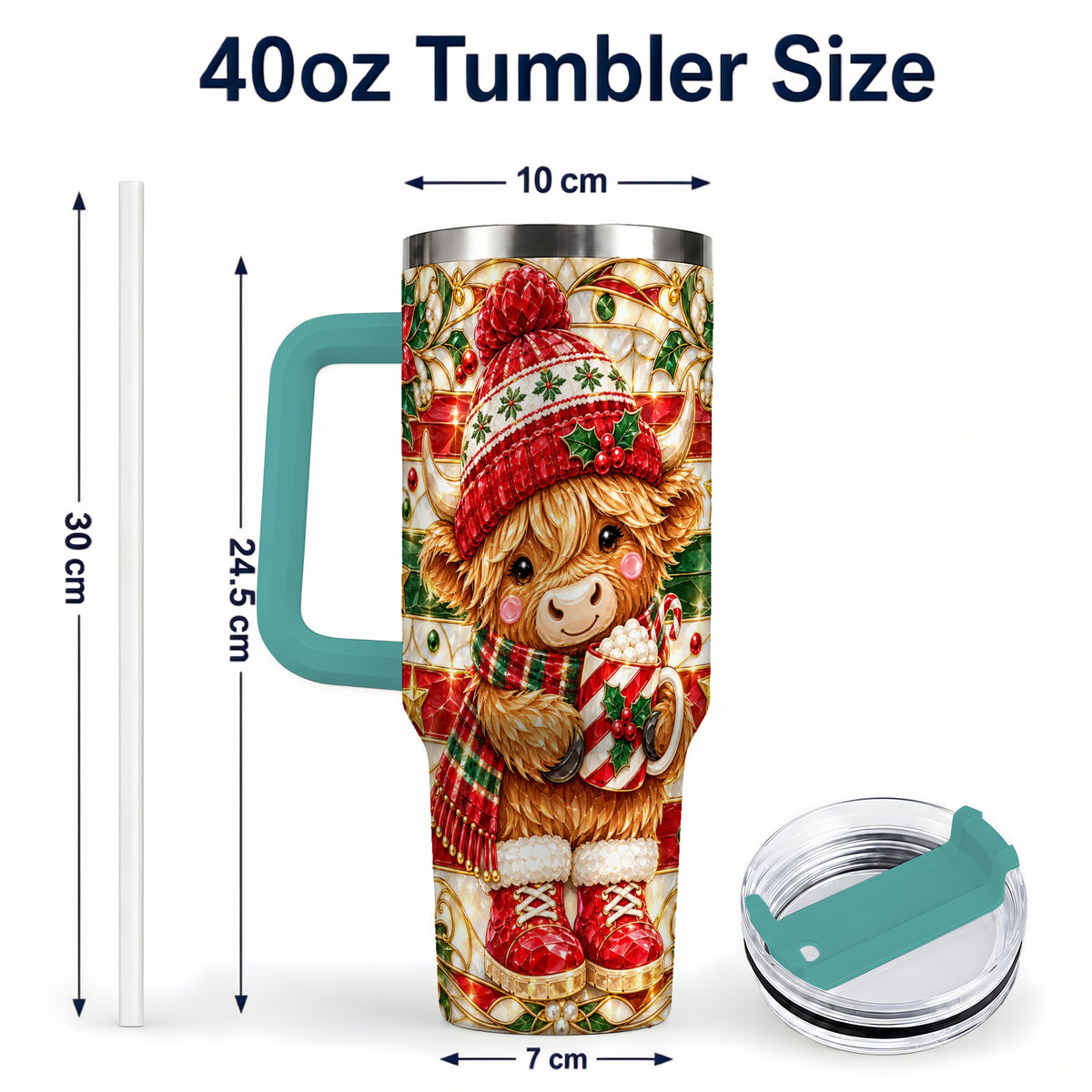 #pl[40oz|Green] Stained Glass Highland Cow 40oz Tumbler with Handle, Holiday Travel Cup