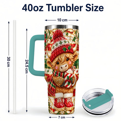 #pl[40oz|Green] Stained Glass Highland Cow 40oz Tumbler with Handle, Holiday Travel Cup