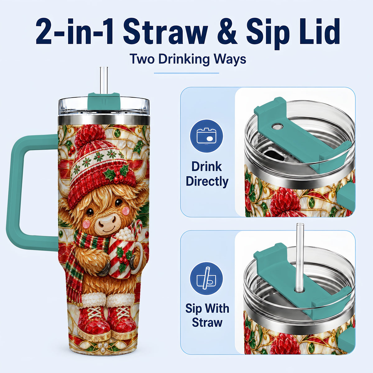 #pl[40oz|Green] Stained Glass Highland Cow 40oz Tumbler with Handle, Holiday Travel Cup