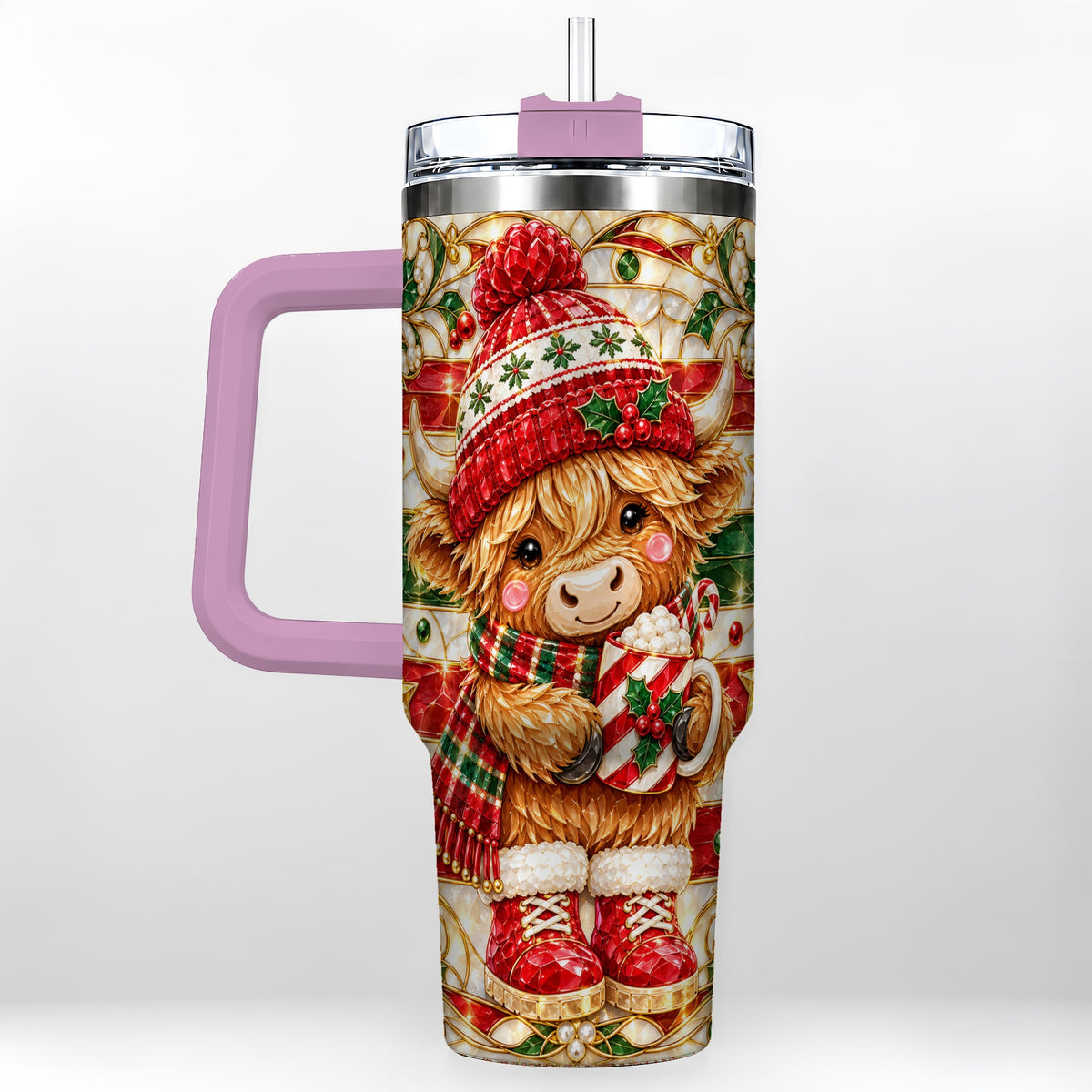 #pl[40oz|Pink] Stained Glass Highland Cow 40oz Tumbler with Handle, Holiday Travel Cup