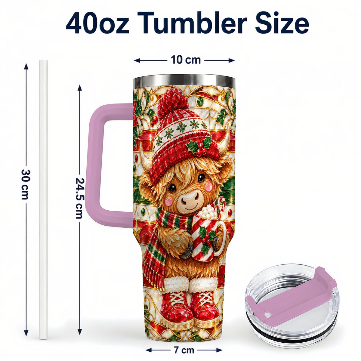#pl[40oz|Pink] Stained Glass Highland Cow 40oz Tumbler with Handle, Holiday Travel Cup