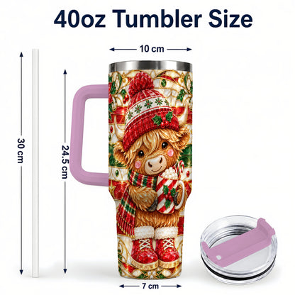 #pl[40oz|Pink] Stained Glass Highland Cow 40oz Tumbler with Handle, Holiday Travel Cup