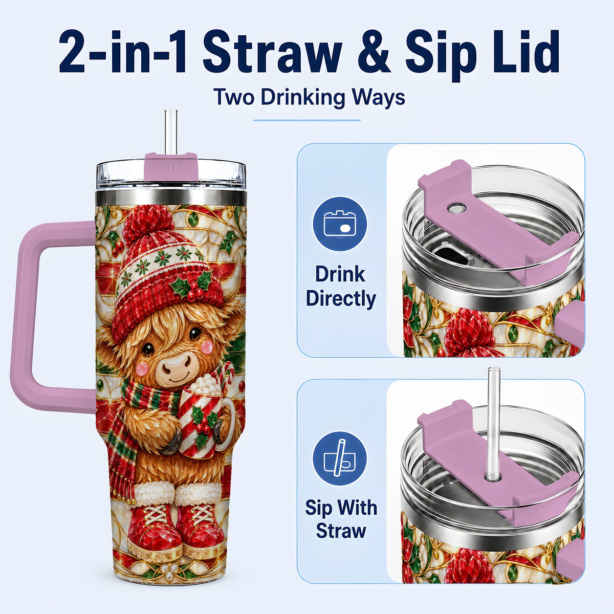 #pl[40oz|Pink] Stained Glass Highland Cow 40oz Tumbler with Handle, Holiday Travel Cup