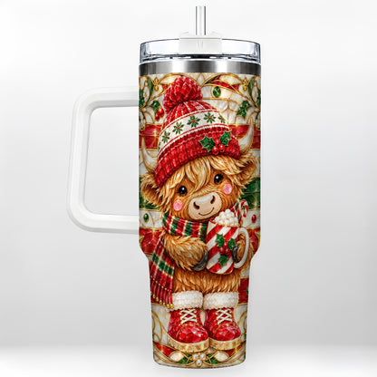 #pl[40oz|White] Stained Glass Highland Cow 40oz Tumbler with Handle, Holiday Travel Cup