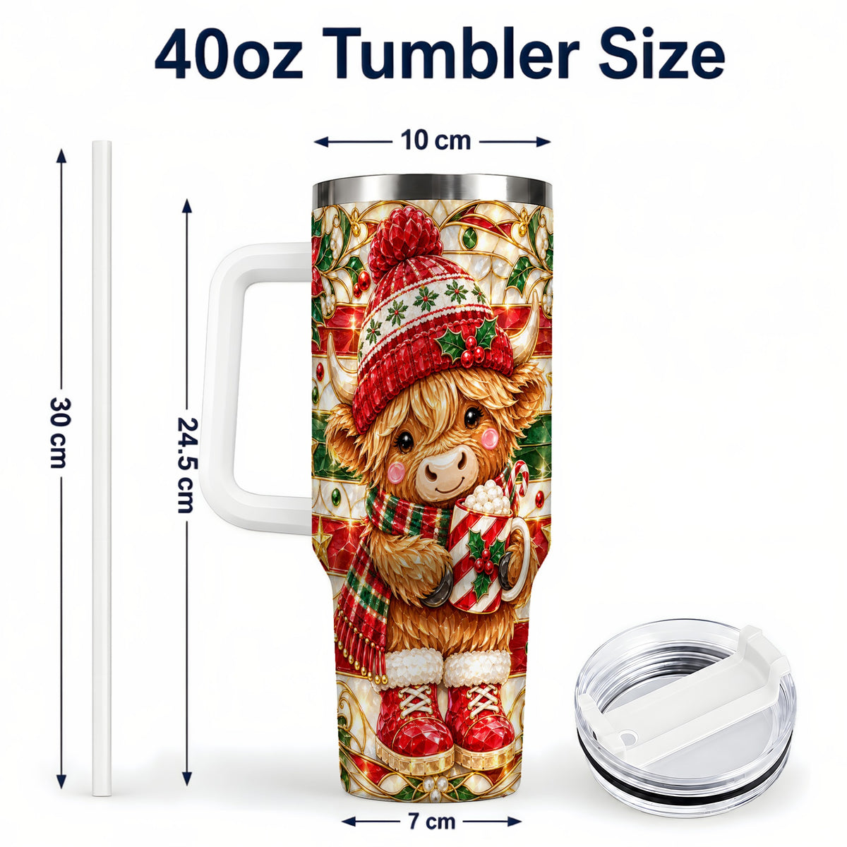 #pl[40oz|White] Stained Glass Highland Cow 40oz Tumbler with Handle, Holiday Travel Cup