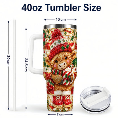 #pl[40oz|White] Stained Glass Highland Cow 40oz Tumbler with Handle, Holiday Travel Cup
